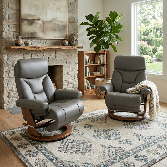 BenchMaster Emily Leather Swivel Recliner W/ Tuck Under Ottoman Set of 2
